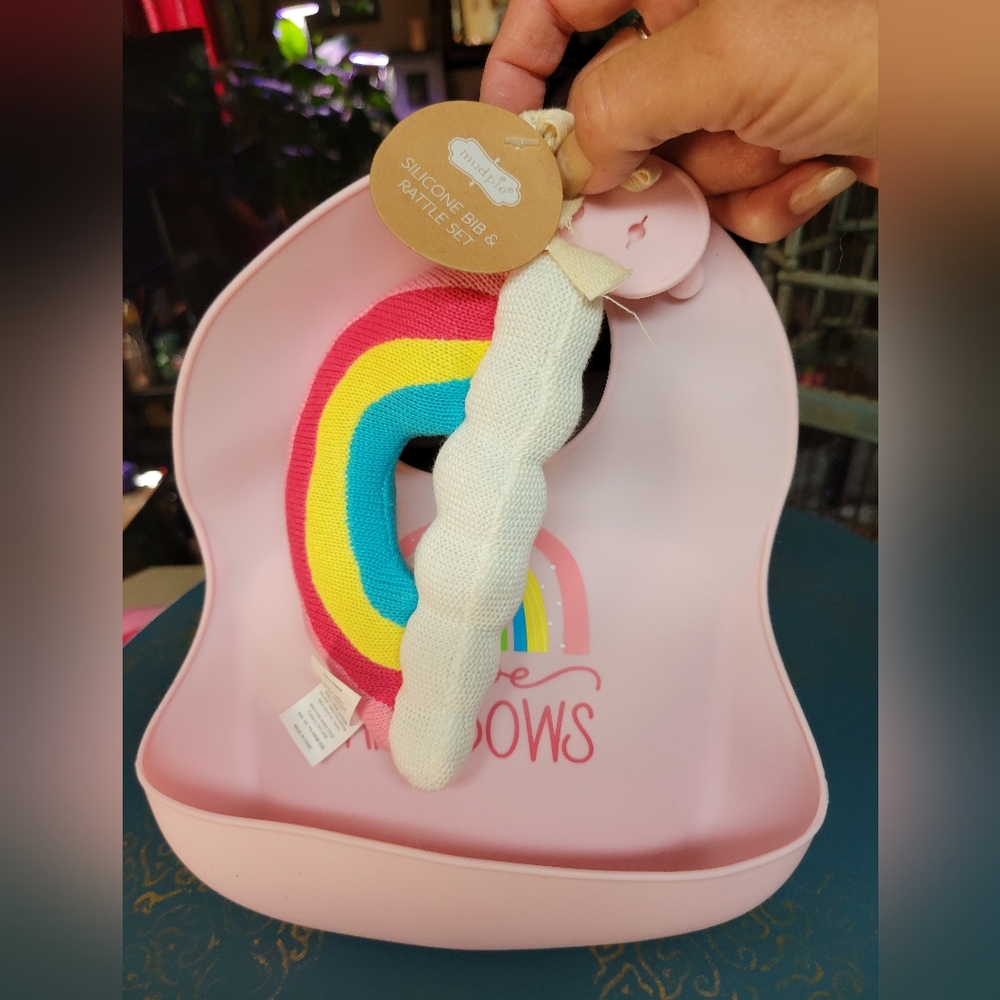 Mud pie silicone baby Bib and rattle rainbow pink
